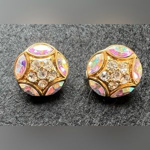 Vintage SWAROVSKI Gold tone clip on Earrings with AB iridescent Crystals